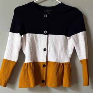 Ann Taylor Navy, White, and Mustard Peplum Cardigan